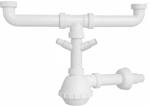 Schläfer 4395322 | Sifone Salvaspazio Universale a Fiasco per Lavelli 11/2 con Doppio Attacco Lavastoviglie, Uscita Diam. 40mm x L. 250 mm, Scarico Ispezionabile, Bianco.