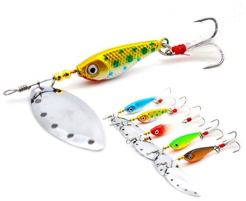 Steinn 5 Stück Spinner Blinker VIB Spoon Set mit Drillinge Haken, Pailletten Kunstköder 16g für Forelle Barsch Lachs Hecht Zander Angelköder mit Köderbox