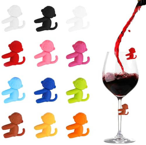12 PCS Marque Verre à vin, Singe Marqueurs de Verre à Vin en Silicone Marque, Identifiants pour Verres de Réception, Accessoires pour le Vin, Idéaux pour la vie Quotidienne et les Fêtes (Multicolore)