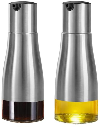 Rayconup 2 Stück Silberne Ölflasche, Olivenöl und Essigspender Set, Olivenöl Ölflaschen Spender, Essig und Ölflaschen Set mit Edelstahl Glasboden, Öl und Essig Spender für Küche BBQ (320ml)