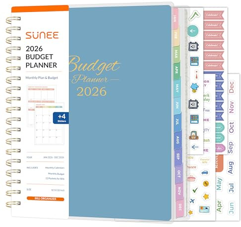 SUNEE 2026 Budget Planner - Deluxe Monthly Budget Book from JAN 2026 - DEC 2026, Bill Organizer with 12-Pockets, Expense Tracker Notebook B5 Size (8 x 10), Finance Planner with Stickers, Blue