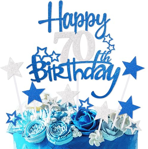 Royal Blue Silver Happy 70th Birthday Cake Toppers,70th Birthday Decorations for Men,Personalised Cake Topper Blue Silver Star Cake Toppers for Men Women Birthday Party Decorations Supplies