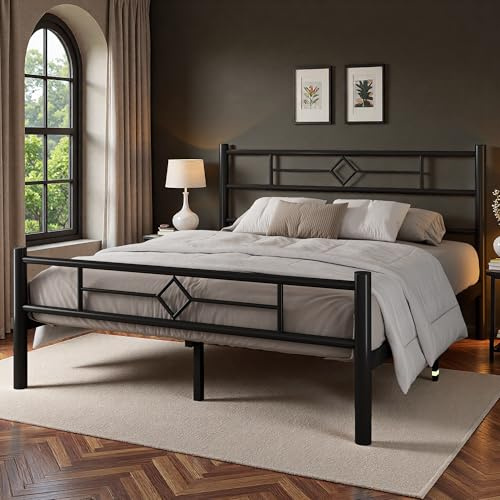 GalnFu Double Bed Frame, Metal Bed Frame Double Beds with Headboard and Footboard, Heavy Duty Metal Slat Support, Underbed Storage Space, Easy Assembly, Noise Free, Black