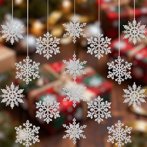 28 Stück Schneeflocken Weihnachten Deko, Weihnachtsdeko Weiß, Schneeflocken Deko Set, Christbaumschmuck Weiß mit Verschiedenen Designs, Baumschmuck Weihnachten, Inklusive 10 Meter Silberband