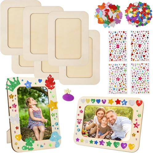 KUDLE 6 Stück Bilderrahmen Set zum Bemalen Holz Fotorahmen Holzbilderrahmen mit Glitzersteine Selbstklebend Moosgummi 3D Sticker Bastelset DIY Holzrahmen für Handwerk Jubiläen Geburtstage Muttertag