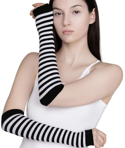 Mikovivi 1 Pair Striped Arm Warmers, Black and White Punk Goth Arm Sleeves Long Fingerless Gloves with Thumb Hole for Woman and Men Y2K EMO Style Costume