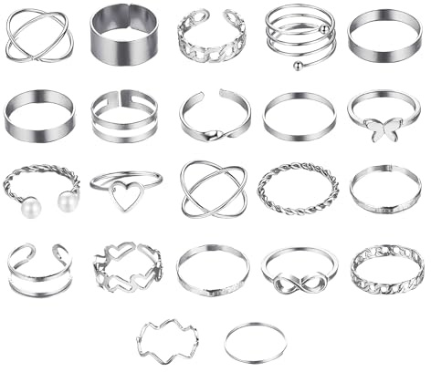 22 Piece Silver Rings for Women, Chunky Rings Women Set for Ladies, Adjustable Fashion Ring Jewellery for Ladies and Grils, Finger Silver Stacking Ring Jewellery, for Special Occasions