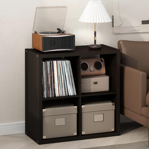 Furinno Cubicle Plattenspieler Regal mit Vinyl Aufbewahrung, 4-Würfel 1.2 Extra Dicke Vinyl Aufbewahrung, Medienregal für CD DVD Blueray Spiel Discs, für Wohnzimmer, Schwarz Dunkle Eiche