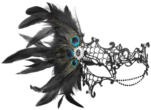 JewelryWe Venezianische Monokel Maske Damen Elegant Maskerade Halbmaske Mit Pfauenfedern/Strass Gothic Monokelmaske Einäugige Ballmaske Kostüm Accessoire für Party Fasching Halloween Cosplay
