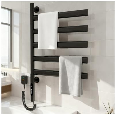 WRJAHCG Toallero Electrico Baño Pared, Radiador Toallero Electrico Giratorio 180°, Calentador De Toallas Bajo Consumo,Secador Toallas con Termostato,Temporizador,Pantalla LED,Negro