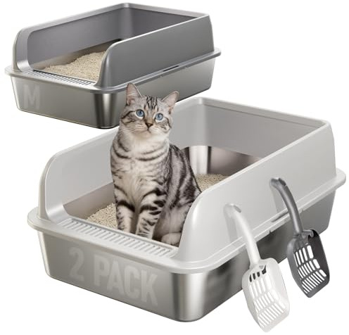 2 Pack Katzenklo Edelstahl Gehege mit Deckel, Katzentoilette aus Edelstahl | Katzenklo Mit Hochwandigem Seitengehäuse, Nicht-Klebrig, Auslaufsicher & Einfach zu Reinigen, nklusive Schaufel,M
