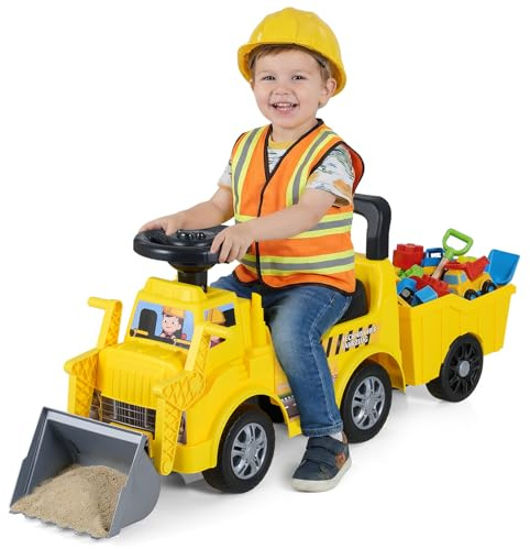 DREAMADE Bagger zum draufsitzen, Kinderbagger mit Verstellbarer Schaufel, abnehmbarem Anhänger, Lenkrad, Hupen, Musik & Stauraum, Aufsitzbagger für Kinder ab 18 Monaten