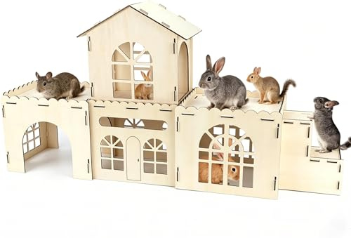 Extra Large Wooden Rabbit Castle, 5-in-1 Detachable Bunny House | with Stairs, Indoor Hideout & Playhouse for Rabbits, Guinea Pigs, Chinchillas, Ferrets | Sturdy Natural Wood Pet Habitat