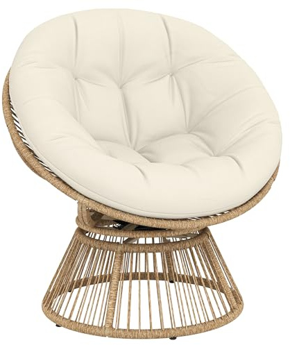 Outsunny Papasansessel 360° drehbar runder Korbsessel mit Kissen Cremeweiß | Stahlrahmen, Loungesessel aus Polyrattan, Drehsessel, für Wohnzimmer Leseecke Lounge