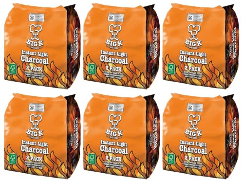 Big K Instant Light Charcoal Orange 2kg x 6 | Instant Lighting Charcoal Briquettes | 12 x 1kg Bags | Suitable for BBQs, Grilling & Outdoor Cooking