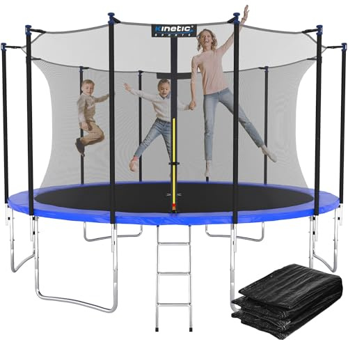 KINETIC SPORTS Trampolin Outdoor 'Salto Plus' Ø 183/244/305/366/400/430/490 cm - Komplett-Set für Kinder, USA Sprungtuch, Netz, Randpolster, Leiter