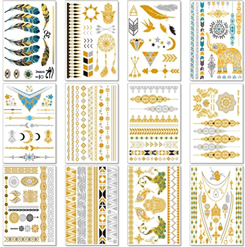 Metálico tatuajes temporales para las mujeres adolescentes Niñas - 12 hojas oro plata Tatuajes Temporales con purpurina de diseños de joyería - 150 + color falsa impermeable tatuaje pegatinas