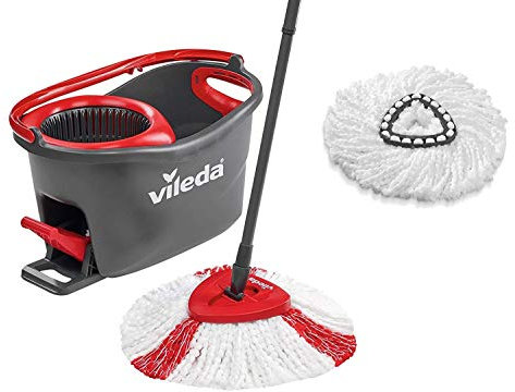 Vileda Turbo Wischmopp Komplett Set, Bodenwischer mit Teleskopstiel, Zwei Mikrofaserbezügen und Eimer mit Powerschleuder, Stiellänge 75-130cm, Zwei Bezüge zum schnellen auswechseln
