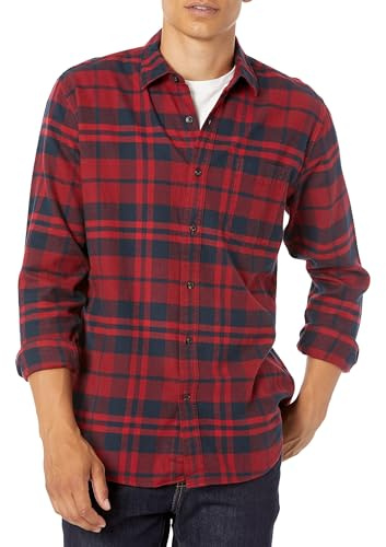 Amazon Essentials Men's Regular Fit Long-Sleeve Flannel Shirt, Soft Brushed Cotton, Lightweight yet Warm, Red Plaid, Small