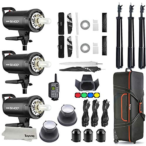 Godox SK400II 3 x 400 Ws 2,4 G Bowens Mount Strobe Flash Kits para fotografía retrato iluminación – Soportes de luz, Softbox, puerta de granero, paraguas, disparador inalámbrico, kit de accesorios de