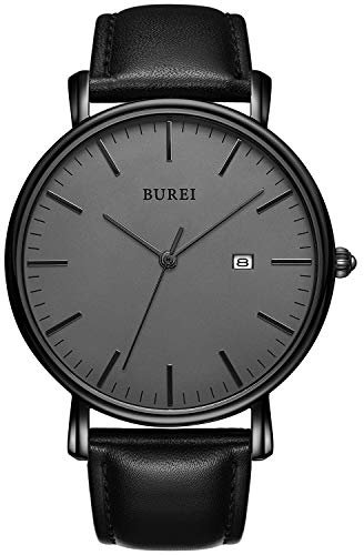 BUREI Ultra Dünne Uhren Herren Analoges Datum Armbanduhr Herren mit Japanisches Quarzwerk, Geschenke für Männer (dunkelgrau-schwarz, Leder)