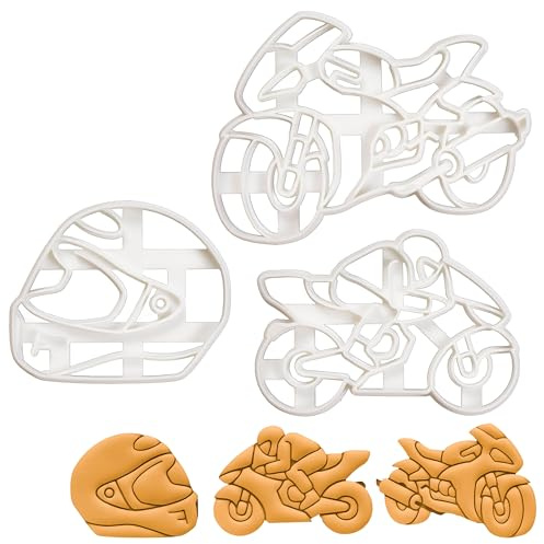 Satz von 3 Motorrad Ausstechformen (Formen: Motorradhelm, Motorradfahrer, und Motorrad) 3 Tiel