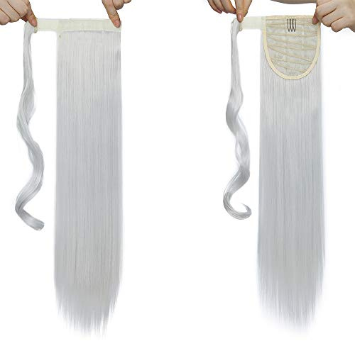 SEGO Ponytail Clip in Pferdeschwanz Extension Haarteil Haarverlängerung Zopf Hair Piece gewellt Wavy wie Echthaar Silber-Grau Glatt-23(58.5cm)