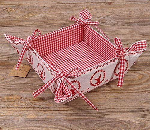 RESI Corbeille à pain rectangulaire en tissu 20 x 20 cm - Rouge à carreaux et motif cerf - Durable en 100 % coton - Lavable à 30 °C - Style maison de campagne pour pain, petits pains, pâtisseries ou