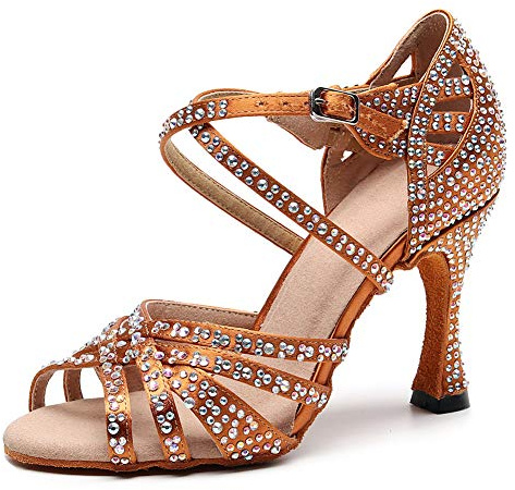 HROYL Donna & Bambina Scarpe da Ballo con Strass Latino Salsa Scarpe da Ballo Donna con Brillantini,Marrone IT-QJW1046-7.5,EU 37