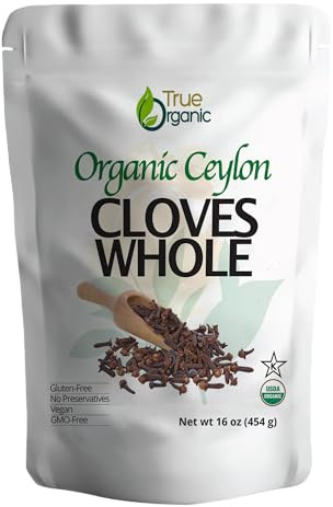 True Organic Ceylon Cloves Whole, 1 lb, Premium Grade, USDA Organic & Kosher Certified, Non-GMO, Fresh Organic Cloves Bulk, Ceylon Premium Quality (16 Ounces)
