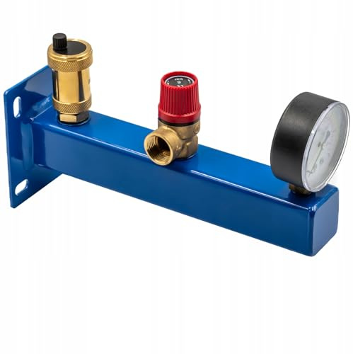 KNM TRADE Sicherheitsgruppe Stahl 6 BAR Manometer Blau | Stahl, für Heizung & Wasseranlagen, 6-bar Sicherheitsventil, kompakter Anlagenanschluss, 95°C, Wasser-Glykol bis 50%