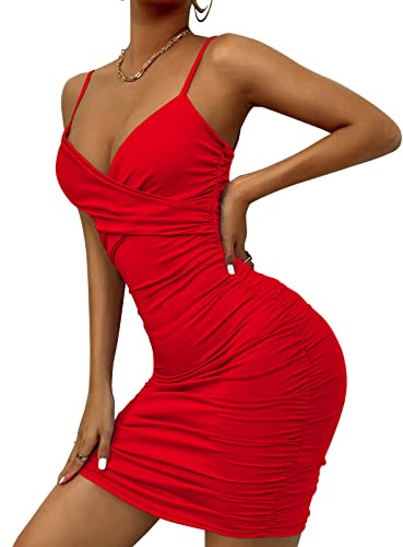 AIEOE Bodycon Bretelles Robe Sexy Femme avec Col en V et Dos Nu Élégant Court Taille S Rouge
