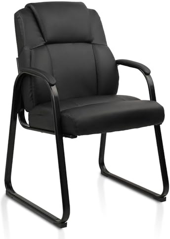CLATINA Leather Guest Waiting Reception Chair with Padded Arm Rest and Thick Seat Cushion Sled Base Comfy Stationary Desk Chairs for Office Home Conference Meeting Lobby Hall Side Break Room, Black