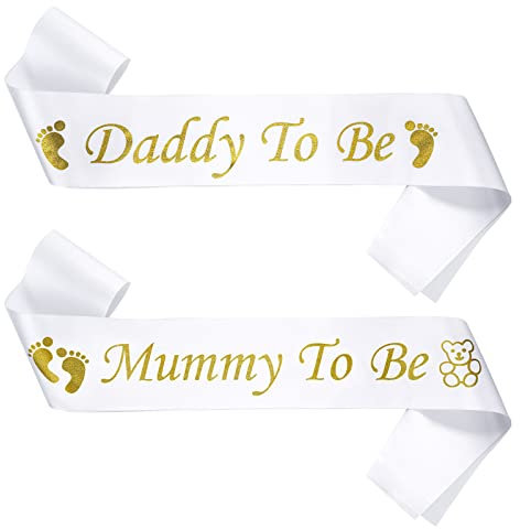 Prasacco Lot de 2 écharpes Mummy To Be Daddy To Be Mummy And Daddy To Be pour fête prénatale, cadeau pour fête prénatale, décoration de fête, révélation du sexe (or blanc)
