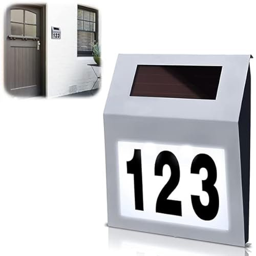 YUENFONG Lampada solare con numero civico a LED, con 2 luci a LED, IP65, impermeabile, in acciaio inox, interruttore crepuscolare (argento)