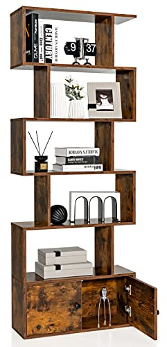COSTWAY Bücherregal mit Türen, Standregal mit 5 Ebenen, Raumteiler Regal, Büroregal aus Holz, Aufbewahrungsregal für Wohnzimmer, Schlafzimmer, 183 x 70 x 23 cm (Braun)