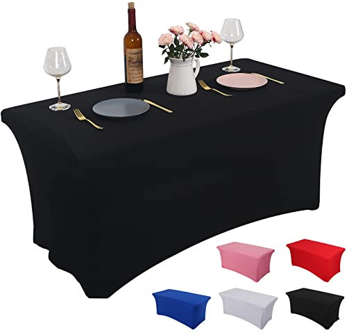 Rainberg Spandex Table Cover, Black Tablecloth 6FT, Washable and Wrinkle Resistant Stretch Rectangular Patio Table Cover for Event, Wedding, Banquet & Parties. (183Lx76Wx76H) cm (Black, 4FT)