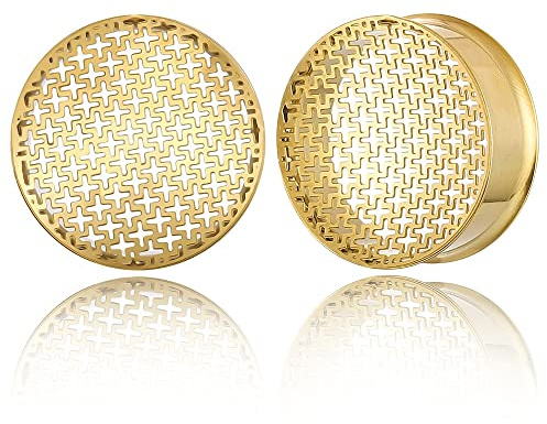 Twolobes 2PCS Gold Hollow Cross Ear Plug Tunnels Gauges Hypoallergenic 316 Stainless Steel Ear Hanger Tunnels 10mm/00g Body Piercing Jewelry for Women Men