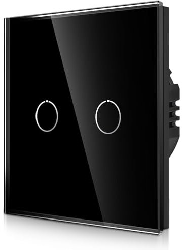 CNBINGO Touch Lichtschalter unterputz in Schwarz - zweifach Wandschalter mit Status-LED und Glas Panel - Kein Neutralleiter Erforderlich - 2 Fach Berührungsschalter - 500 W/Fach