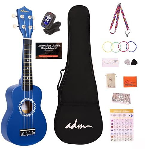 ADM Sopran Ukulele Set für Kinder und Anfänger, Ukulele Starter Kit mit Tasche, Stimmgerät, Regenbogensaiten, Bunter Gurt, Plektron, Griffbrettaufkleber, Akkord-Karte (Matt-blau)