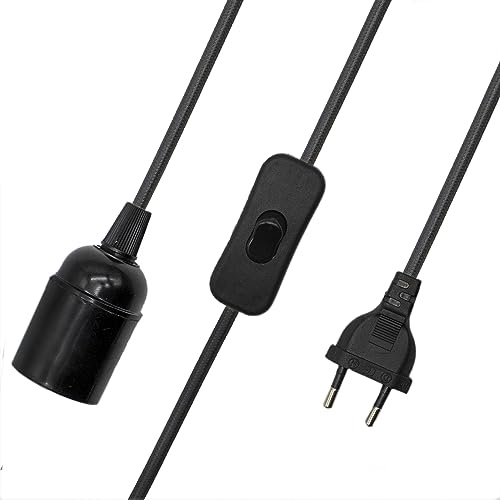 CABLEPELADO Lampenfassung E27 mit Schalter, Lampen-Adapter, Lampensockel, Stecker + Ein-/Ausschalter, Kabel 1,50 m, Vintage-Design, geflochtenes Kabel, Schwarz