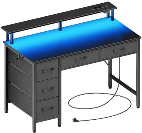 Seventable Computertisch mit Steckdosen & LED-Beleuchtung, 100cm Gaming Schreibtisch mit 5 Schubladen, Gaming Tisch mit Monitorständer, fürs Büro, Arbeitszimmer, Schlafzimmer, Wohnzimmer, Schwarz
