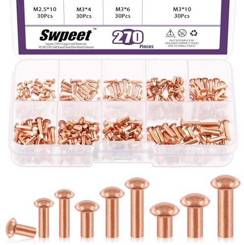 Swpeet 270 piezas M2 M2.5 M3 de cabeza media redonda de cobre sólido remache metal sujetadores de remaches de cobre sólido remache cierre ideal para aplicaciones eléctricas cinturones, carteras,