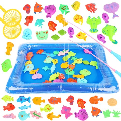 LUFEIS Jouet de Peche Magnétique, 49Pcs Jouet de Pêche Flottant, Jeu de Pêche Aimanté, Jouet Canne a Peche Enfant, Jouet de Bain pour Bébé Enfant Fille Garcon, Jeu d'eau éducatif, Jeu de Baignade