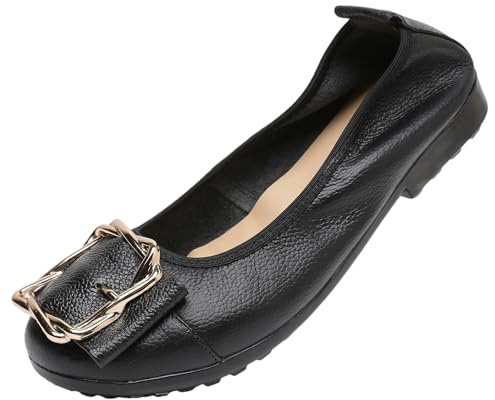 ANUFER Kvinnor äkta läder balettskor mode metallspänne mjuk platt sko med pumps, Svart, 41.5 EU