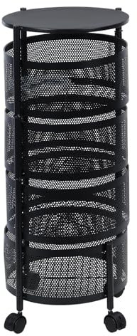 cadciehe Chariot de rangement de cuisine, panier rotatif circulaire, grand support de rangement avec roues à 360 degrés, étagère en fil métallique pour fruits et légumes avec couvercle supérieur pour