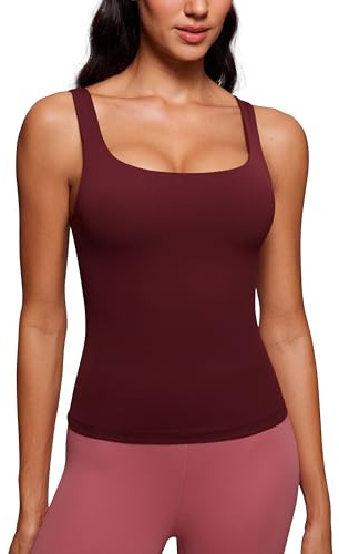 CRZ YOGA Butterluxe U-hals tanktops voor dames - Gevoerde sportieve crop tops met ingebouwde bh Red Merlot XS
