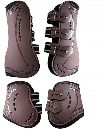 Merauno® Gamaschen & Streichkappen, 4er Set Gamaschen Pferdesehne Bandage mit Robust Elastisch, PU Shell, Neopren atmungsaktiven Löchern für Springen, Reiten, Events (S, Braun)
