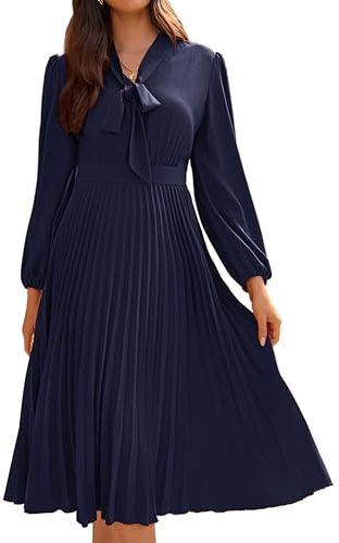 GRACE KARIN Women's Pleated midi Dress with Bow Tie V-Neck Long Sleeve Swing A-Line Dress for Work Office Business
