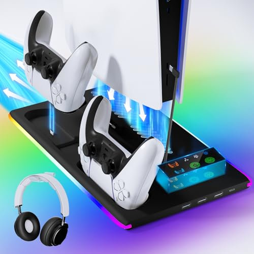 PS5/PS5 Slim Ständer mit 3 Stufig Lüfter und 3 USB Anschlüsse, PS5 Standfuß mit RGB Licht, PS5 Controller Ladestation, PS5 Halterung mit Headset Halter, für PS5 Zubehör, Digital/Disc Edition(Schwarz)